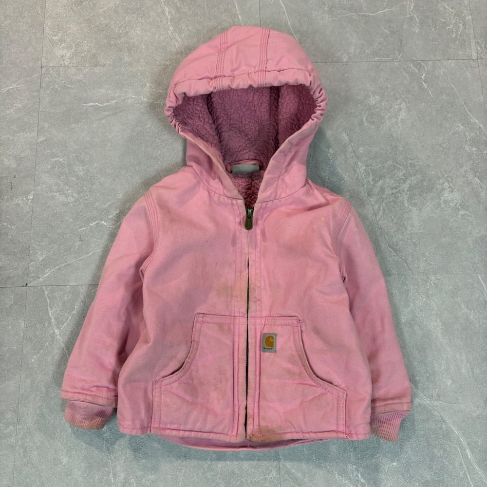 Carhartt Kids Pink Sherpa Lined Canvas Active Jacket‎ 12M Hooded Full Zip